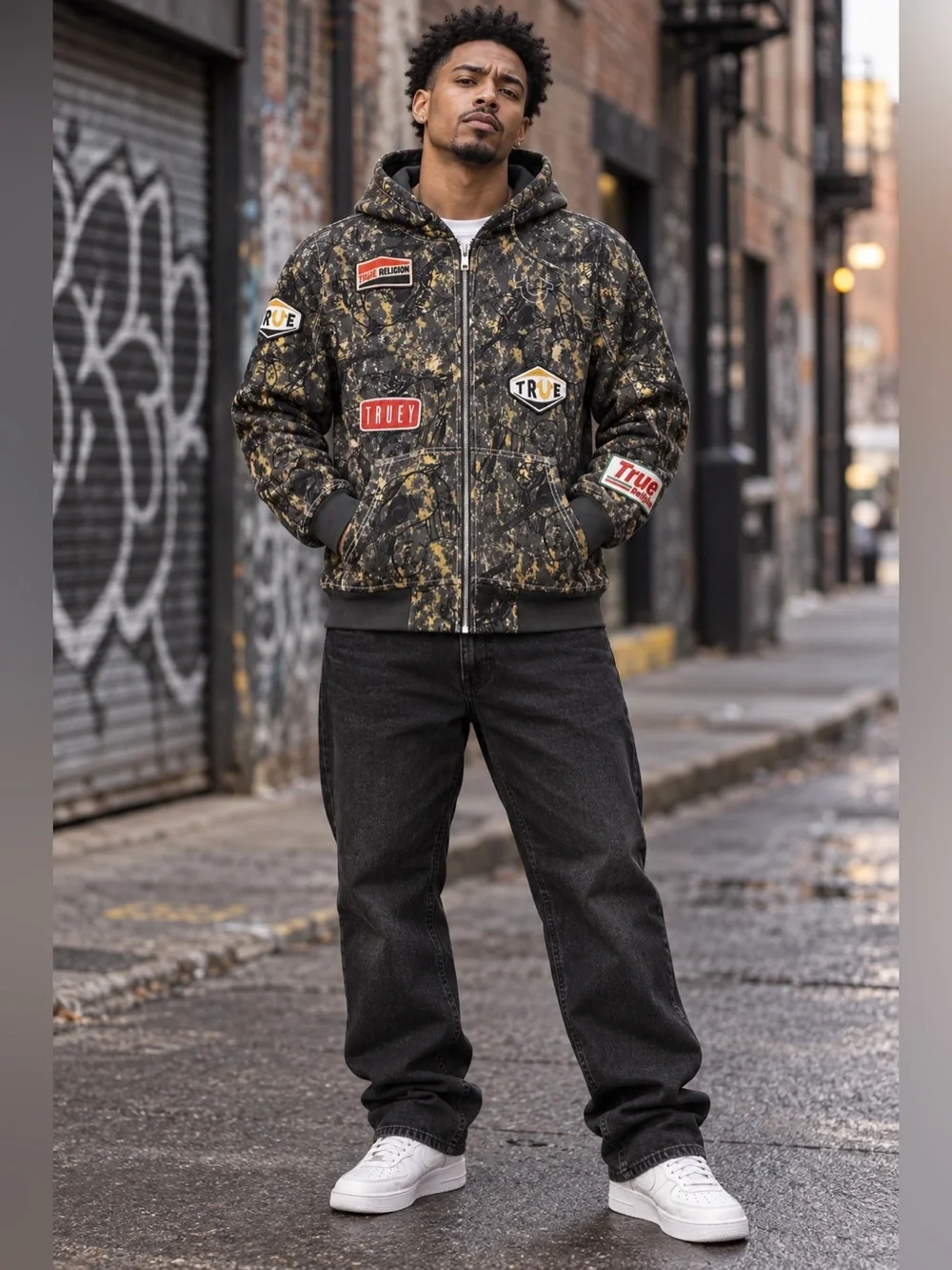 True Religion Big T Buddha Camo Full Zip Hoodie Big Logo With Patches XXL